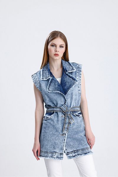 For Angels Vestă lungă din denim cu centură ruptă