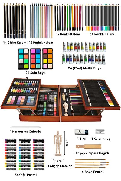 valletta Mendoza 185-Piece Double Layer Wooden Boxed Mixed Drawing Painting Media and Art Set
