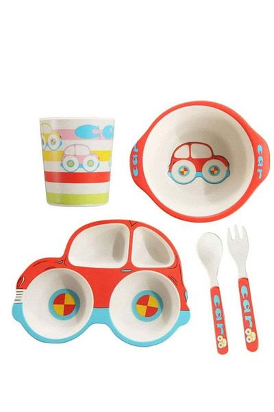 COOYA Kids Dinnerware Set, 5 Piece Car Shaped, Picky Eater Friendly, Dishwasher Safe, Gift for Kids