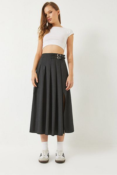 Bianco Lucci Damen Midi-Rock mit plissiertem Schlitz und Gürtel in A-Linie 60284017