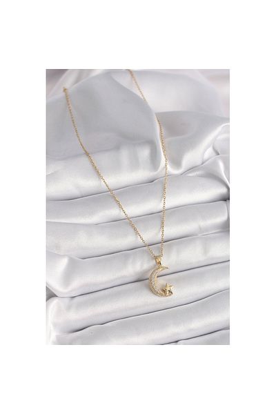 Skygo Gold Color 316L Steel Necklace Zircon Stone Crescent Model Star Detail