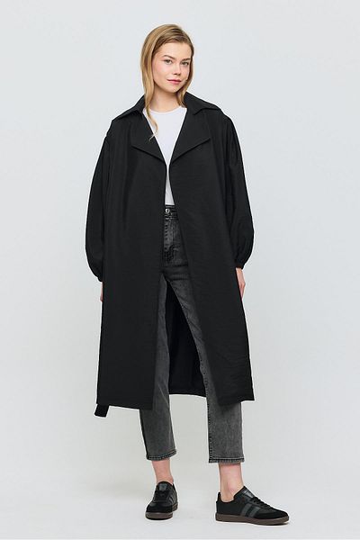 Rays Belted Elastic Sleeve Trench Coat - Black 4579A