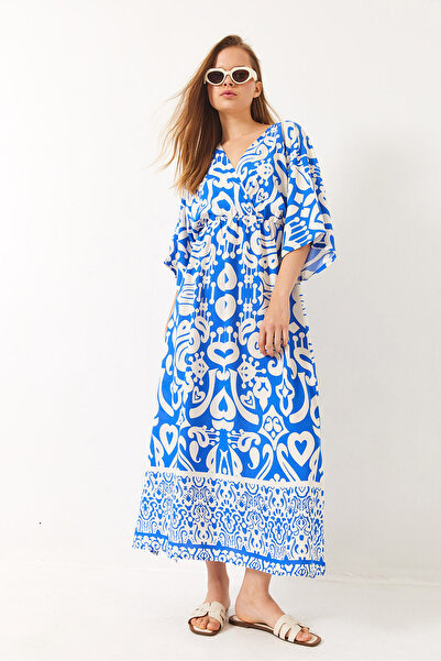 Bianco Lucci Women's Double Breasted Collar Patterned Slit Detailed Woven Viscose Dress 60284018