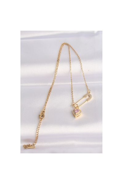 Skygo 316L Steel Chain Gold Color Zircon Stone Heart Detail Necklace with Safety Pin Design - Tj-Bko8620