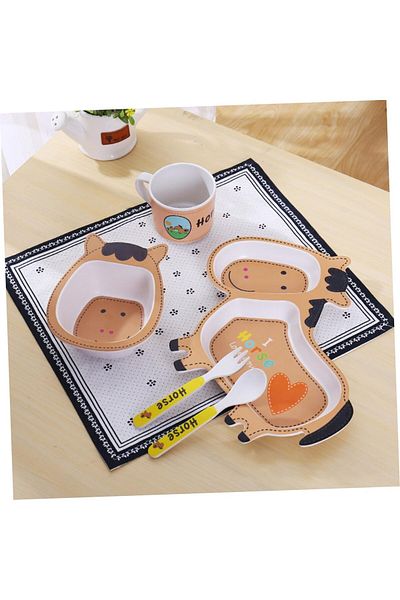 COOYA 5 Pc Mealtime Set, Horse Cartoon Durable Set Includes Plate, Bowl, Cup, Fork and Spoon for Toddlers