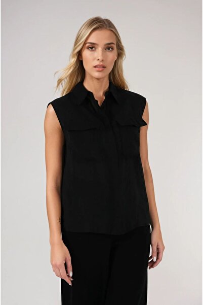 FABB قميص أسود بدون أكمام بجيب منفاخ