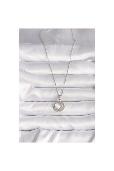 Skygo 316L Steel Silver Color Zircon Stone White Pearlescent Crescent Model Women's Necklace - Tj-Bko9702