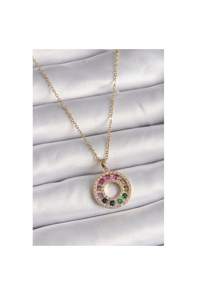 Skygo 316L Steel Gold Color Chain Colorful Zircon Stone Medallion Model Women's Necklace - Tj-Bko9490