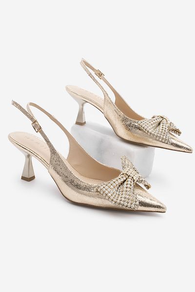 Marjin Goldfarbene Damen-Stiletto-Schuhe mit spitzer Zehenpartie und Schleifendetail und Steinabsatz