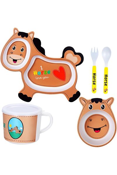 COOYA 5 Pc Mealtime Set, Horse Cartoon Durable Set Includes Plate, Bowl, Cup, Fork and Spoon for Toddlers
