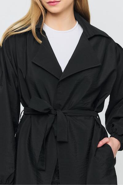 Rays 4579A Kuşaklı Kol Lastikli Trençkot Siyah