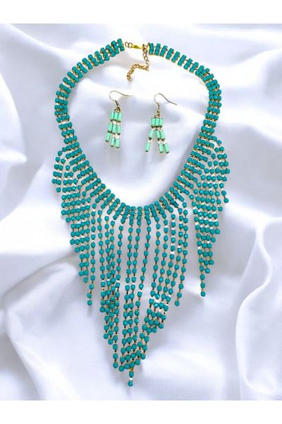 PETEK AKSESUAR Franjed Dangle Necklace Earring Set