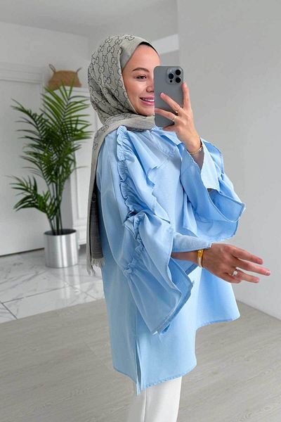 Ka Hijab Blue Hijab Shirt - Ruffle Detailed