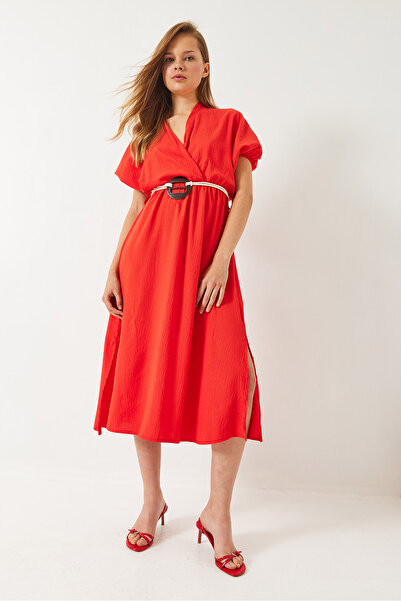 Bianco Lucci Women's Double Breasted Neck Belt Slit Detail Short Sleeve Dress 60261461