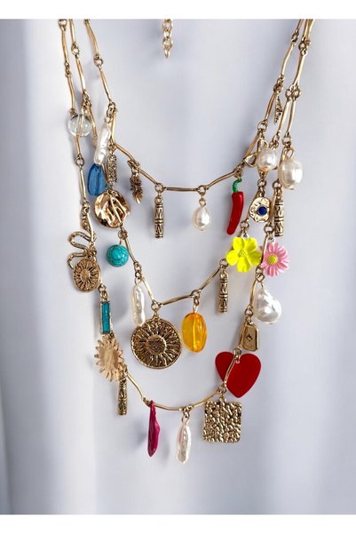 GM TAKI Gold Color Steel Bohemian Charm Necklace – Colorful Stone and Pearl Detailed, Layered Design