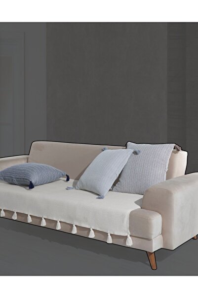 Lux Touch Lavi Ponponlu Ekru Koltuk Örtüsü 115 x 200 cm Kanepe Divan Çekyat Berjer Örtüsü Şalı Püsküllü