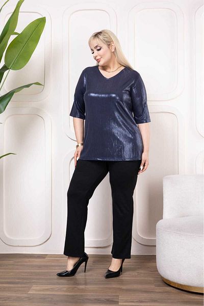 Şans Women's Large Size Navy Blue, V-Neck Gilded Blouse 65N38933