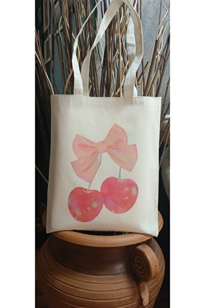 Cemira Cherry Bow Kiraz Kurdele Y2K Retro Ham Bez Tote Bag Çanta, Pinterest Çanta