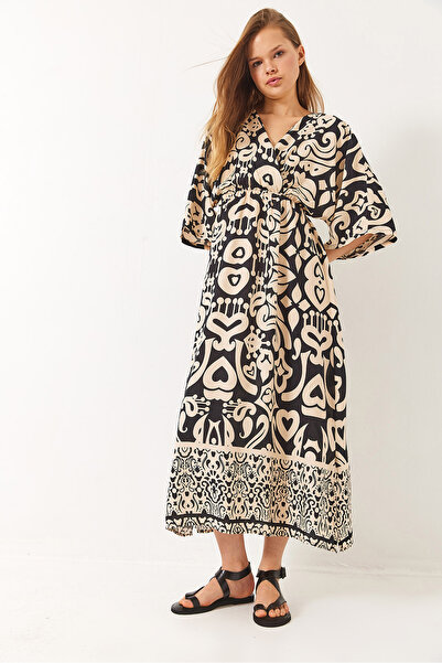 Bianco Lucci Γυναικείο φόρεμα βισκόζης με διπλό στήθος με σχέδιο με σχισμή λεπτομέρεια 60284018