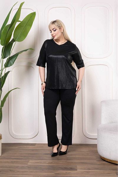 Şans Women's Large Size Black, V-Neck Leaf Blouse 65N38933