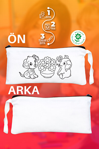 Pamusan Fil ve Köpek Desenli Boyanabilir Kalemlik - 21x10 Boyutlarında - 10 Adet - Çocuk Eğitici Boyama Set