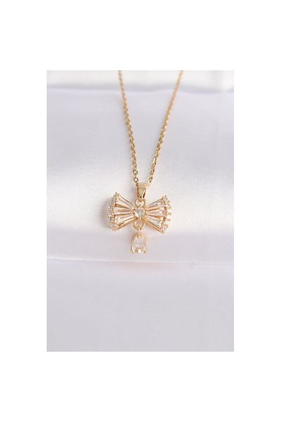 Skygo 316L Steel Chain and Zircon Stone Gold Color Heart Detail Bow Necklace - TJ-BKO8603