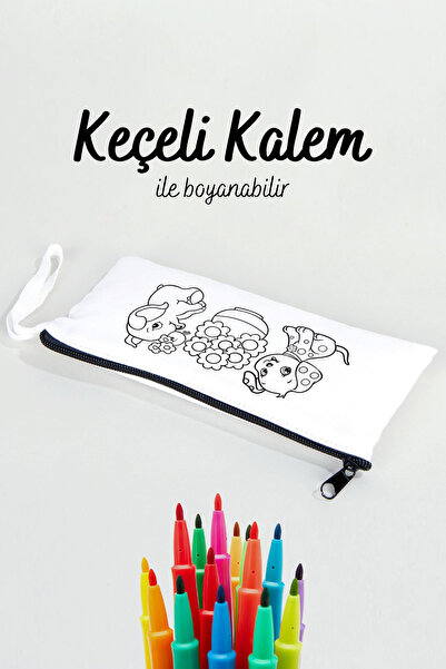 Pamusan Fil ve Köpek Desenli Boyanabilir Kalemlik - 21x10 Boyutlarında - 10 Adet - Çocuk Eğitici Boyama Set