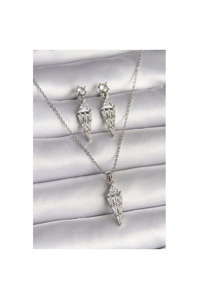 Skygo 316L Silver Color 3 Characters Leased Dangle Zircon Stone Necklace Earrings Set