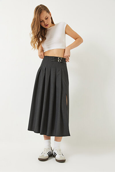 Bianco Lucci Női redőzött hasított övvel részletes A-vonalú midiszoknya 60284017
