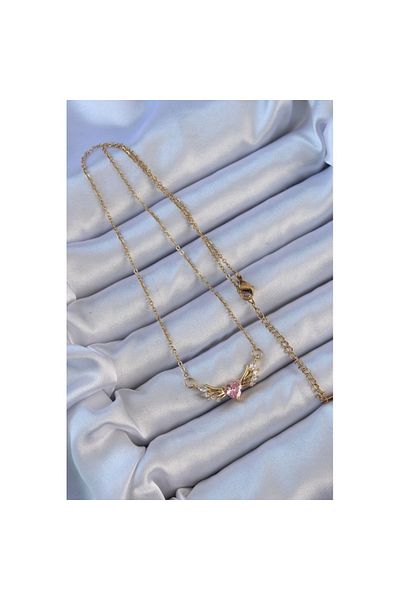 Skygo Gold Colored 316L Steel Chain and Pink Zircon Stone Heart Necklace - Tj-Bko9121