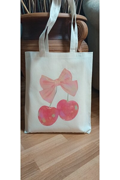 Cemira Cherry Bow Kiraz Kurdele Y2K Retro Ham Bez Tote Bag Çanta, Pinterest Çanta