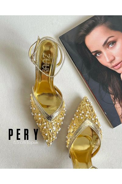 Zuum Pery Embroidered Heeled Women's Shoes - Gold