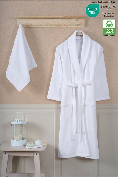 Ellaline Set halate de baie 100% bumbac certificat Şalyaka Set prosoape pentru cap 2 bucăţi alb