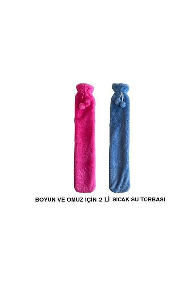 Bosphorus Hot Water Bag Set of 2, 2Lt Thermofor with Long Plush Pompon for Neck and Shoulder 75X13Cm