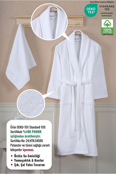 Ellaline Set halate de baie 100% bumbac certificat Şalyaka Set prosoape pentru cap 2 bucăţi alb