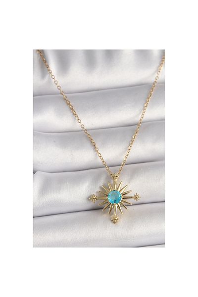 Skygo 316L Steel Gold Color Chain Blue Stone Detailed North Star Model Women's Necklace - Tj-Bko9806