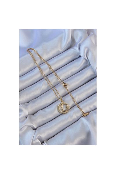 Skygo 316L Steel Chain Gold Color Zircon Stone with Crescent and Star Icon Ataturk Necklace - Tj-Bko9117