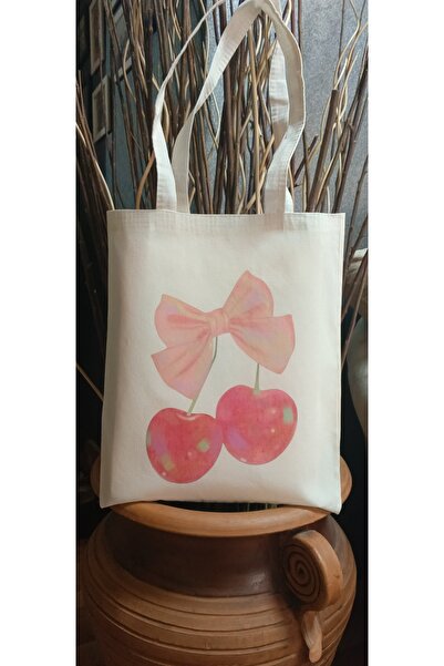 Cemira Cherry Bow Kiraz Kurdele Y2K Retro Ham Bez Tote Bag Çanta, Pinterest Çanta