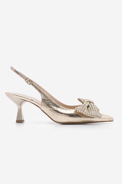 Marjin Goldfarbene Damen-Stiletto-Schuhe mit spitzer Zehenpartie und Schleifendetail und Steinabsatz