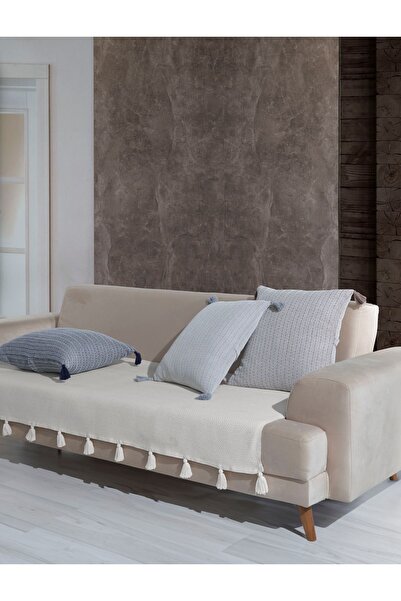 Lux Touch Lavi Ponponlu Ekru Koltuk Örtüsü 115 x 200 cm Kanepe Divan Çekyat Berjer Örtüsü Şalı Püsküllü