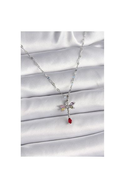Skygo Silver Color 316L Steel Chain Handle Colorful Zircon Stone Dragonfly Model Women's Necklace