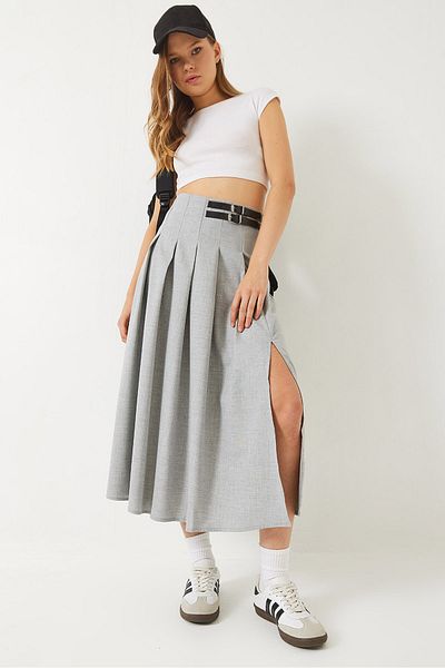 Bianco Lucci Damen Midi-Rock mit plissiertem Schlitz und Gürtel in A-Linie 60284017