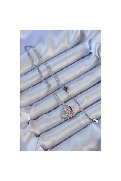 Skygo 316L Steel Chain Silver Color Enamel Butterfly Figure Zircon Stone Heart Necklace - Tj-Bko9108