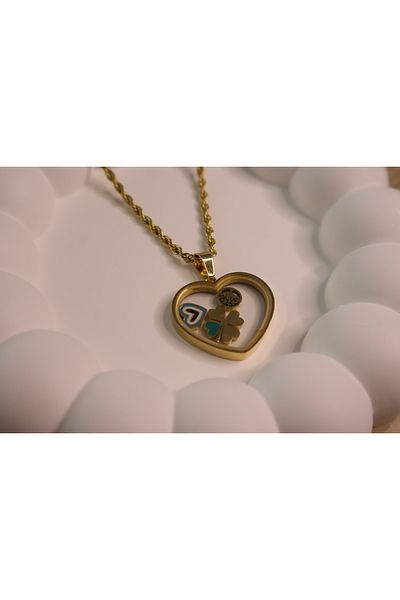 Mia Auger Chain Clover and Heart Inside Swinging Gold Color Necklace