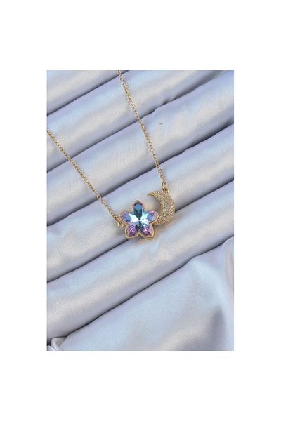 Skygo 316L Steel Chain Gold Color Moon Design Colorful Zircon Stone Flower Necklace - Tj-Bko9135