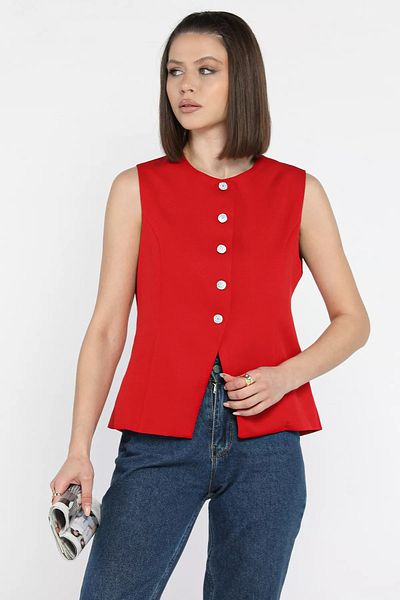 GÜLSELİ Red Crew Neck Lined Women's Vest
