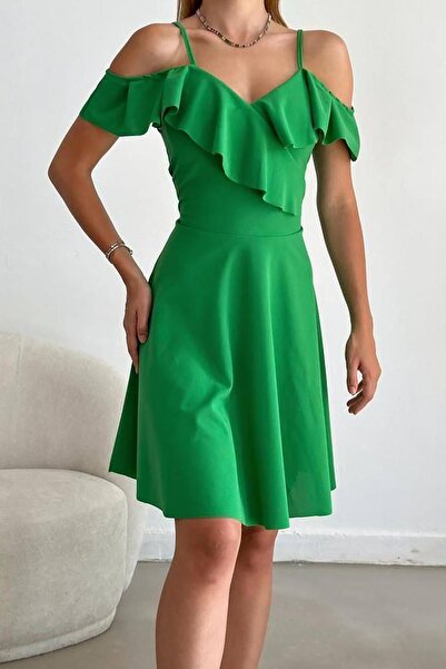 Deafox Φόρεμα με βολάν ώμου από ύφασμα κρεπ ανοιχτό πράσινο