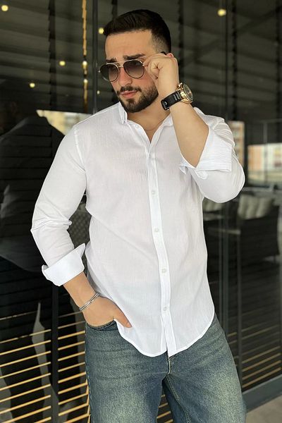 MİSHAR İTALİA Cămașă albă cu mânecă lungă pentru bărbați cu model