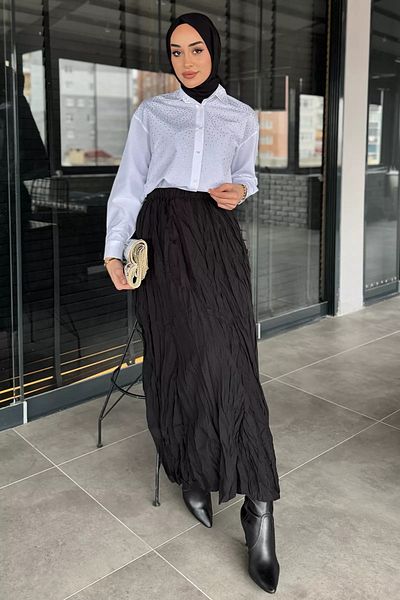 julude Μαύρη ελαστική μέση Crinkle Voile Hijab φούστα