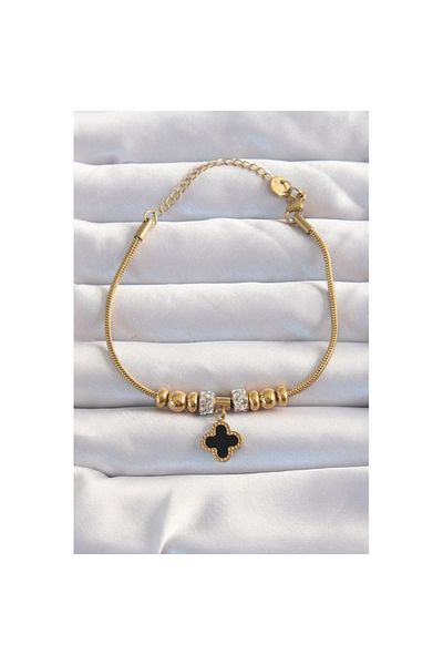 Skygo Gold Colored 316l Steel - Black Enamel Clover Bracelet with Zircon Stones - Tj-bb6229